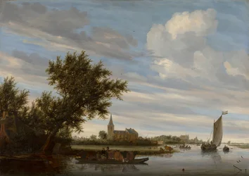 Riviergezicht met kerk en veerboot